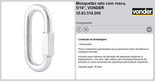 10 Mosquetão Reto Com Rosca, 5/16 Pol. Vonder 35.63.516.000