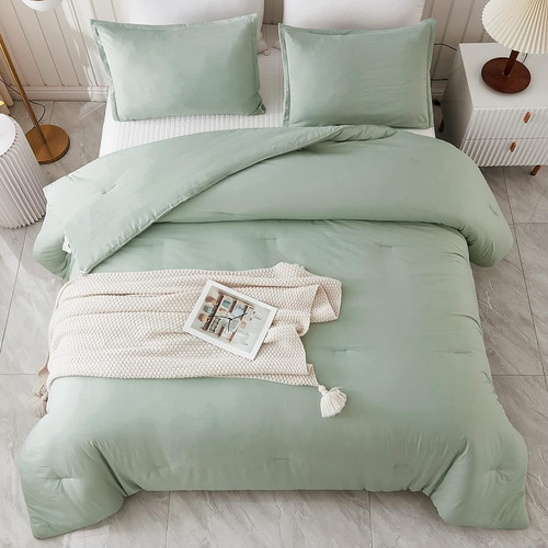 Litanika King Size Edredón Set Verde Salvia, 3 Piezas Boho B