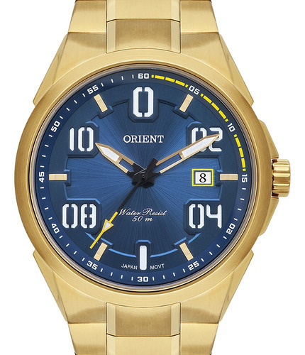Relógio Orient Masculino Dourado Fundo Azul Com Calendário