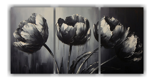 120x60cm Set 3 Lienzos Calidos Pintura Negra De Tulipanes