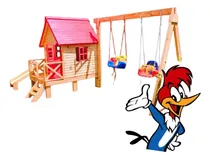 Comprar Casita Infantil Madera Con Hamacas Tobogán Y Trepador Color Rojo