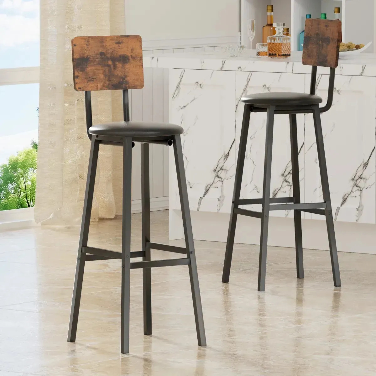 Bancos de bar Altos con respaldo, Set de 2, Bancos para Barra e Islas de Cocina, Sillas de barra, Color Madera de Tigre