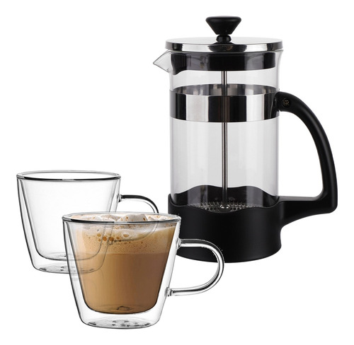 Set Cafetera 600ml Y 2 Tazas Doble Vidrio Larhaus 