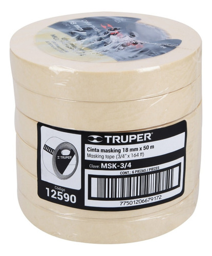 Paquete 6 Pz Masking Tape 3/4' X 50 Mt Truper 12590