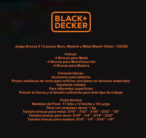 Juego Brocas X 13 Pzs Muro, Madera Y Metal Black + Decker
