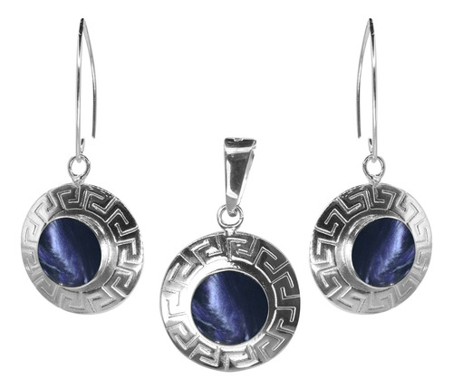 Conjunto De Plata 950 Patrón Azul Oscuro