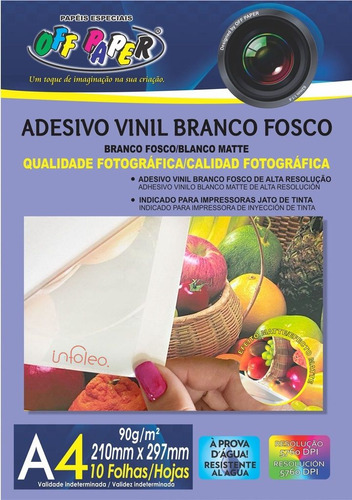 Adesivo Vinil Imprimível A4 90g Branco Fosco Off Paper 10fls