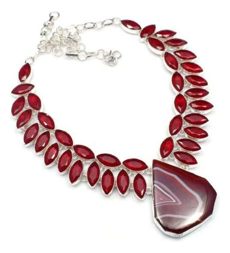 Collar Con Bella Ágata Roja Y Rubí Sintético, Chapa De Plata