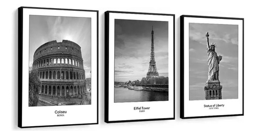 Quadro Decorativo Cidades Coliseu Torre Eiffel Estatua 33x43