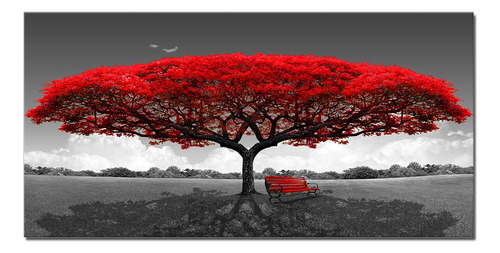 Obra De Arte Abstracta De Bosque Rojo Y Negro Para Sala De E