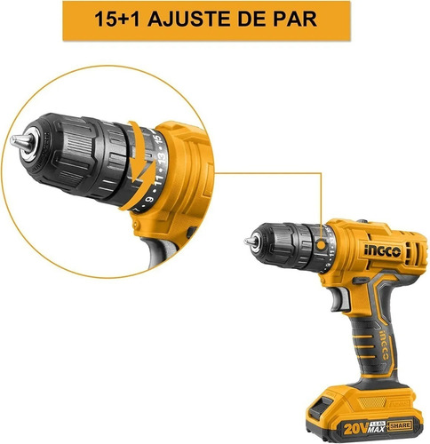 Taladro Atornillador 20 V Ingco Con 2 Baterías Torque 45 Nm Color Amarillo