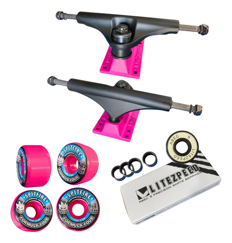 Trucks Skateboard Litezpeed+baleros Abec 9+ruedas 52mm Negro/rosa