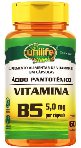 Vitamina B5 Suplemento Ácido Pantotênico Unilife 60 Cápsulas