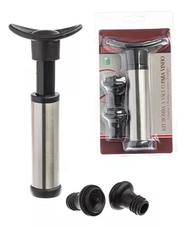 Kit Bomba De Vácuo Vinho Inox 2 Rolhas Silicone Cor Preto