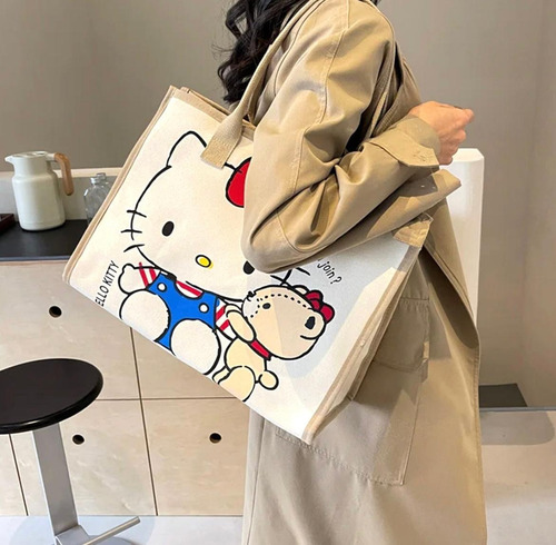 Bolsa De Lona Hello Kitty Grande De Hombro 32x40cm Beige Estampado Níquel Beige