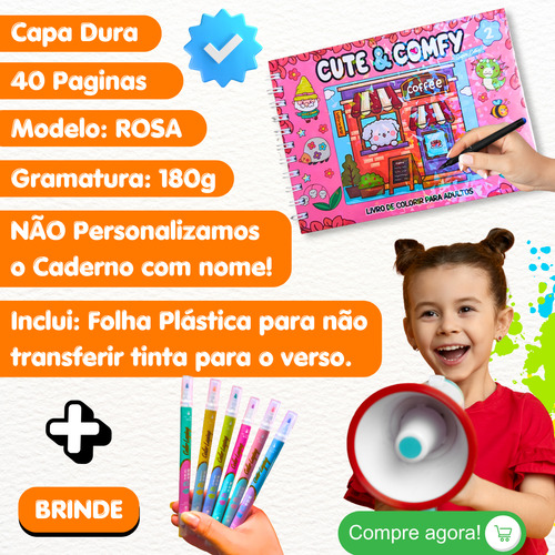 Kit Livro De Colorir Com Desenhos Cute & Comfy Cozy + Conjunto 06 Canetinhas Hidrográfica Marcador Ponta Dupla Fofa Permanente Tiktok Caderno Para Desenhar Livro De Pintar Bobbie Goods