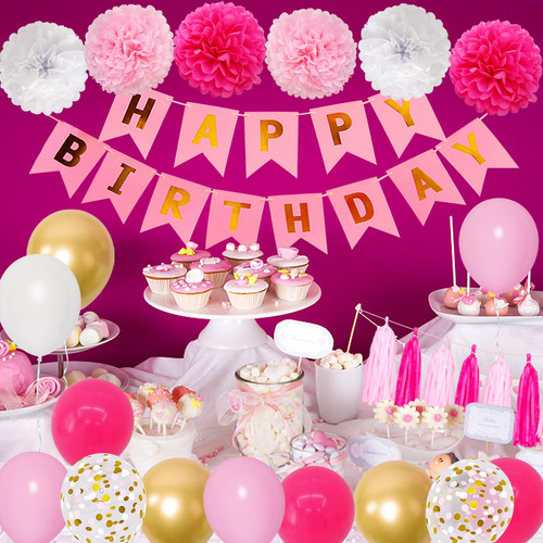 Kit Fiesta De Cumpleaños Rosa Dorado Globos Pompones 64pcs