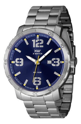 Relógio De Pulso Grande Masculino X-watch Original Cor da correia Prata Cor do bisel Prateado Cor do fundo Azul