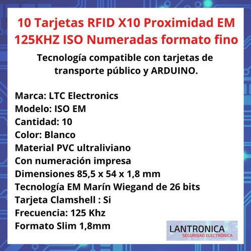 Imagen 2 de 8 de Tarjetas Rfid X10 Proximidad Em 125 Khz Numeradas Arduino