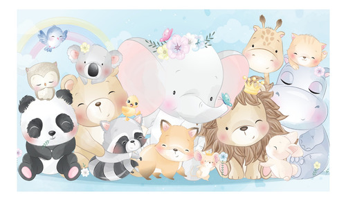 Imagem 3 de 3 de Papel De Parede Infantil Animais Zoo Painel 8 Rolos 12m²