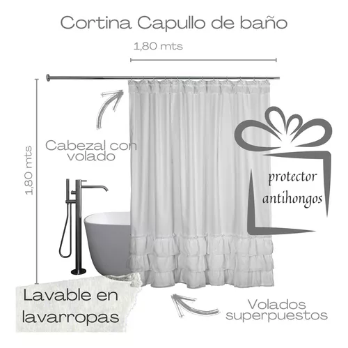 Cortina Baño Tela Ducha Volados Capullo Modernas + Protector