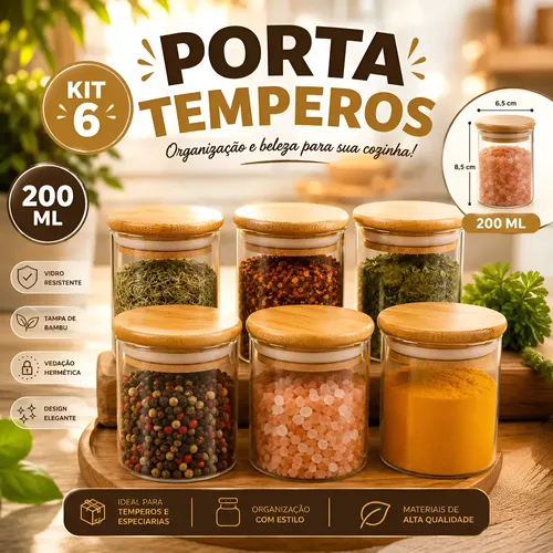Kit 6 Pote Vidro Porta Temperos ​Hermético Cozinha Organiza V Vidro/tampa De Bambu