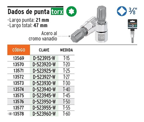 Dado T-20 Punta Torx Cuadro 3/8 T20 13570 Truper
