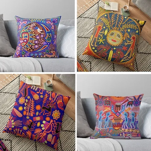 V Juego 4 Fundas Arte Huichol Mexicano Artesanal Cojín En