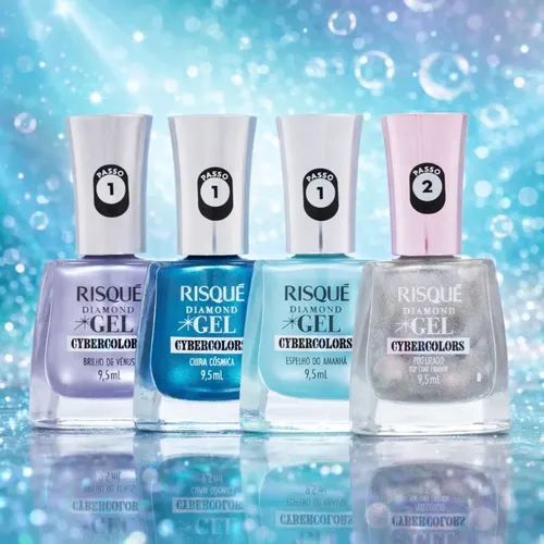 Kit 4 Esmaltes Risqué Diamond Gel Rosas Cybercolors Coleção Azul-celeste