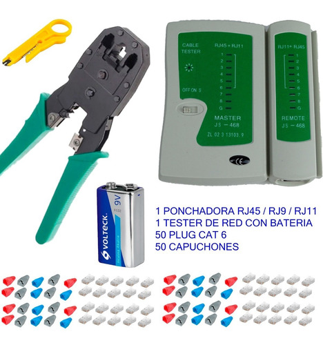 Ponchadora Rj45 + Pelacable + Tester De Red + 50 Plug Cat 6