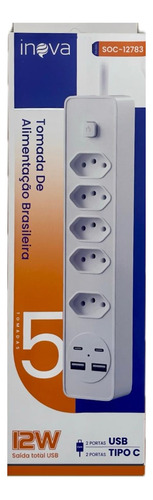 Extensão Elétrica 5 Tomadas 2 Usb 2 Tipo-c Bivolt