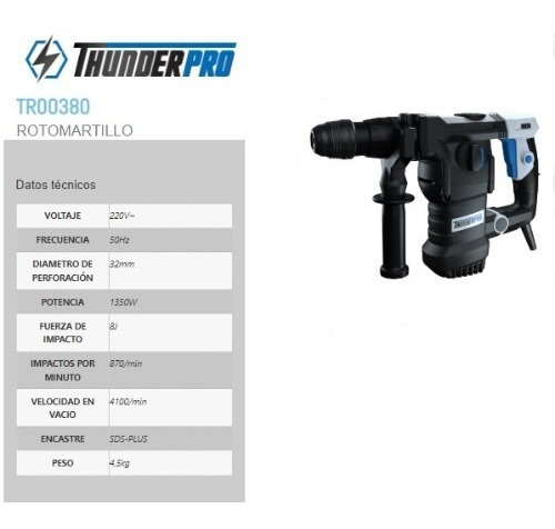 Imagen 3 de 6 de Rotomartillo electroneumático Thunder Pro TR00380 negro, blanco y azul frecuencia de 50Hz con 1350W de potencia 220V
