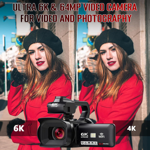 Videocámara Profesional De 64mp 6k Hd,18x,wifi Con 128gb Sd