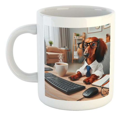 Taza Ceramica Perro Salchicha Anteojos En El Trabajo