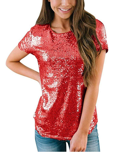 Blusa Manga Corta Lentejuela Brillante Para Mujer