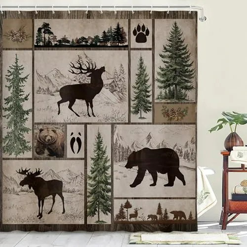 Cortina De Baño Rústica Con Osos Y Alces - Decoración Campes