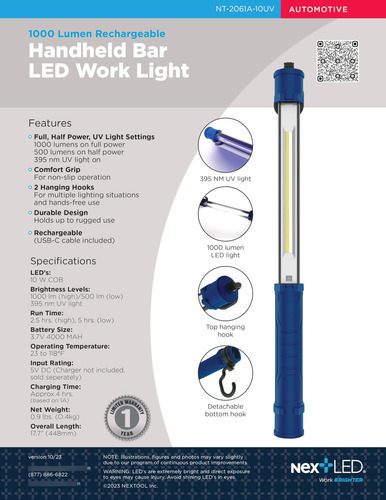 Luz De Trabajo Recargable Portátil Cob Led Y Uv 1000 Lúmenes