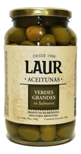 Aceitunas Laur Verdes Grandes Con Carozo Frasco Vidrio 420gr