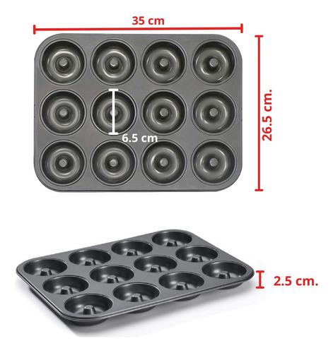 Molde Charola Antiadherente Acero Para Hornear 12 Mini Donas Negro