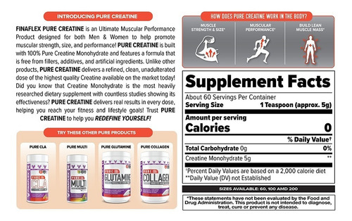 Creatina Monohidratada Finaflex 300g Sin Sabor 60 Servicios Sin Sabor