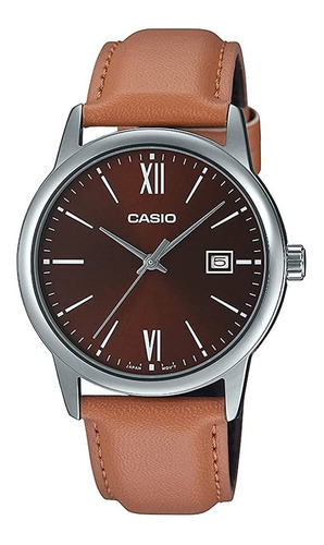 Reloj Casio Hombre Mtp-v002l-5b3, Fechador, Numeros Romanos Color Del Fondo Cafe Color De La Correa Café Claro Color Del Bisel Plateado