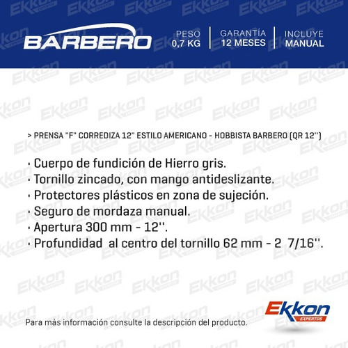 Imagen 2 de 6 de Prensa F Barbero Corrediza 12pLG 300mm Hobbista Qr 12