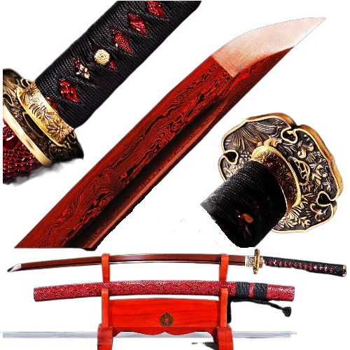 Katana Real Samurai Japonesa Personalizable Damasco Rojo V1