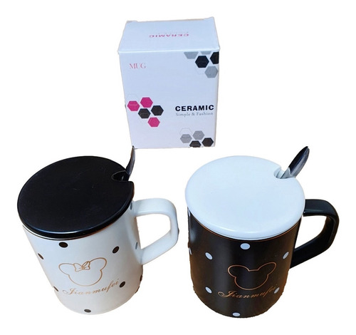 Mug Pocillo Ceramica Blanco Negro Mickey Puntos Tapa Cuchara