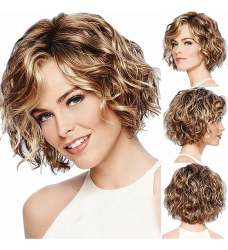 Cabelo loiro curto e encaracolado, ondulado, castanho dourado, tom como mostrado