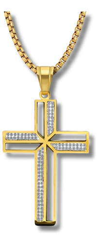 Collar Para Hombre Mujer Dije Cruz Jesus Cz Acero Color Oro