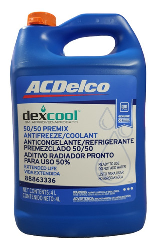 Coolant Refrigerante 50/50 Acdelco 3.78 Lts Color Naranjo