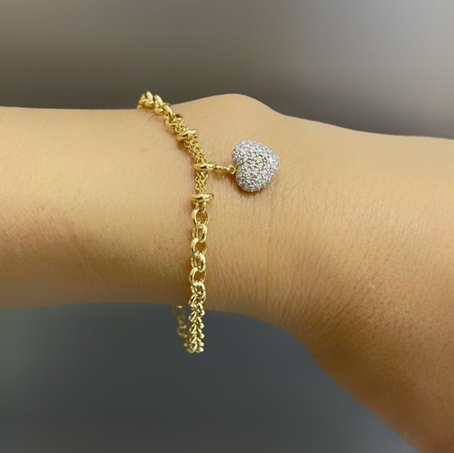 Pulseira Portuguesa Ouro 18k 750 Coração Cravejado Comprimento 20 Cm Diâmetro 5 Cm