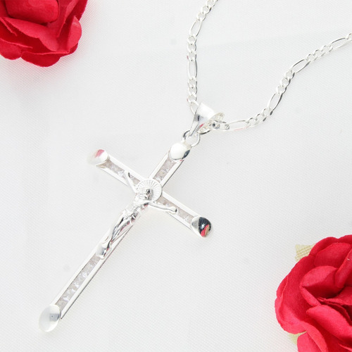 Dije Cruz De Cristo Grande Y Cadena De Plata + Color Plateado