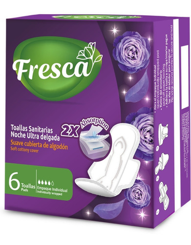 Imagen 2 de 4 de Toallas Sanitarias Fresca Ultradelgada Noche 6 Und 24 Paq